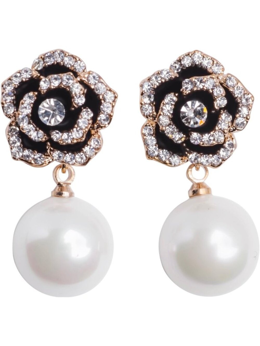 Chic Rhinestone Imitation Pearl Camellia Flower Dangle Drop Earrings for Women